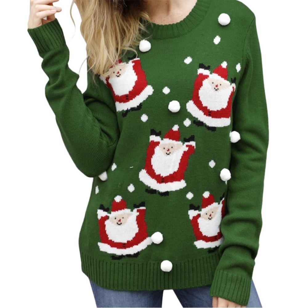CAROLYN TAYLOR Ugly Christmas Sweater Pom Pom Santa Claus Long Sleeve Knit Green